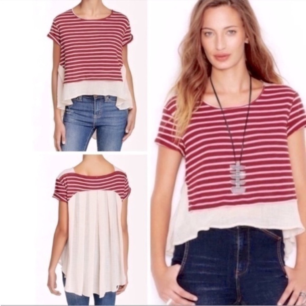 Free People Striped Hi Lo French Kiss Top Red and Cream